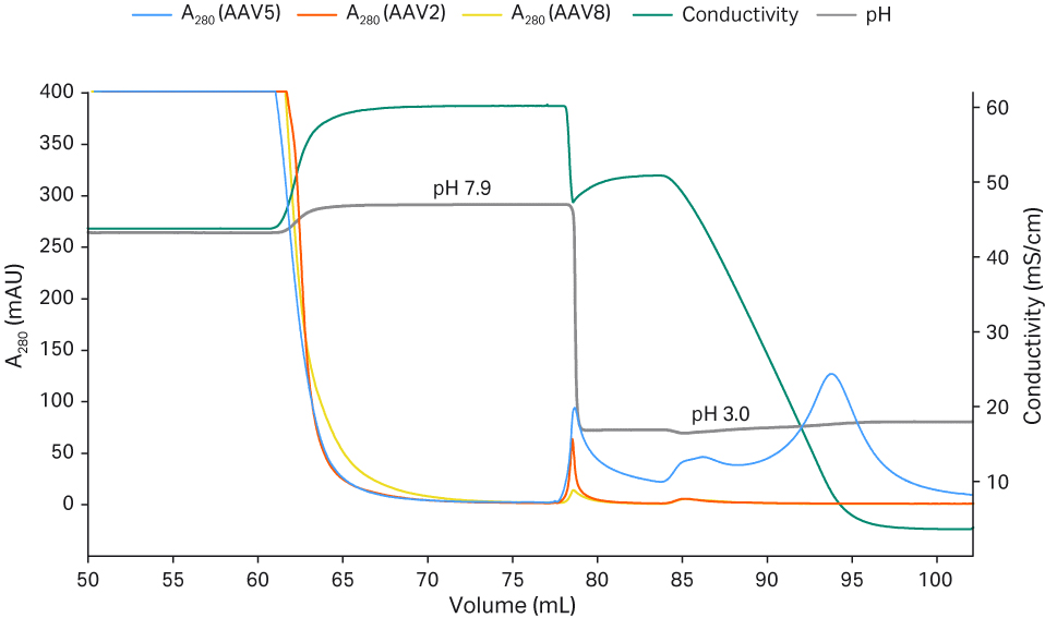洗脱 pH 值和洗脱强度对 rAAV2、5 和 8 的回收率的影响。
