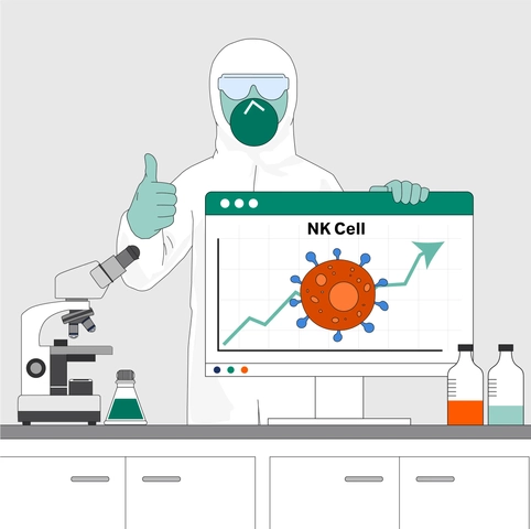 Illustration of a scientist in protective laboratory gear presenting NK‑cell data on a computer screen, with lab equipment including a microscope and reagents on the bench.