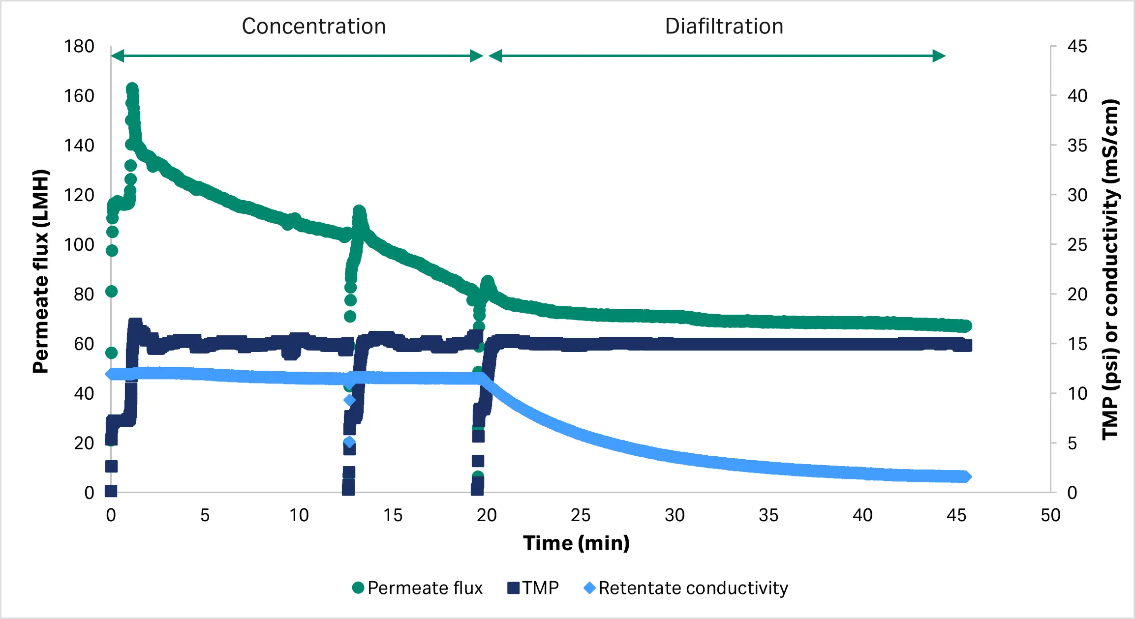 Permeate flux and TMP over time for mRNA-LNP product