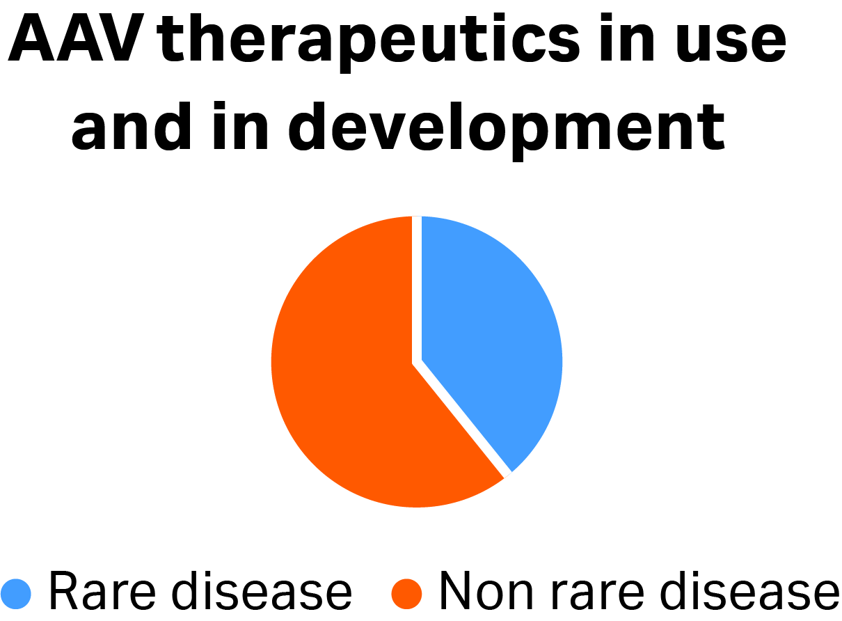 A comparison of diseases targeted by AAV therapeutics in use and in development