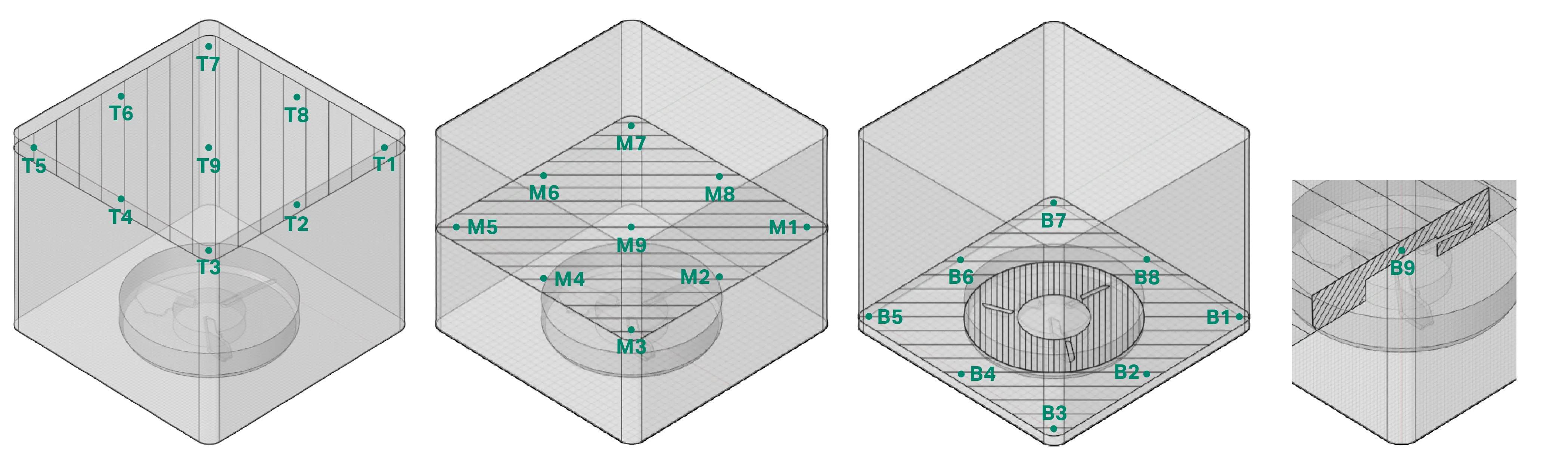 Location of virtual probes shown on the three vertical cross-section planes of Xcellerex™ XDUO 50 without the wedge. 