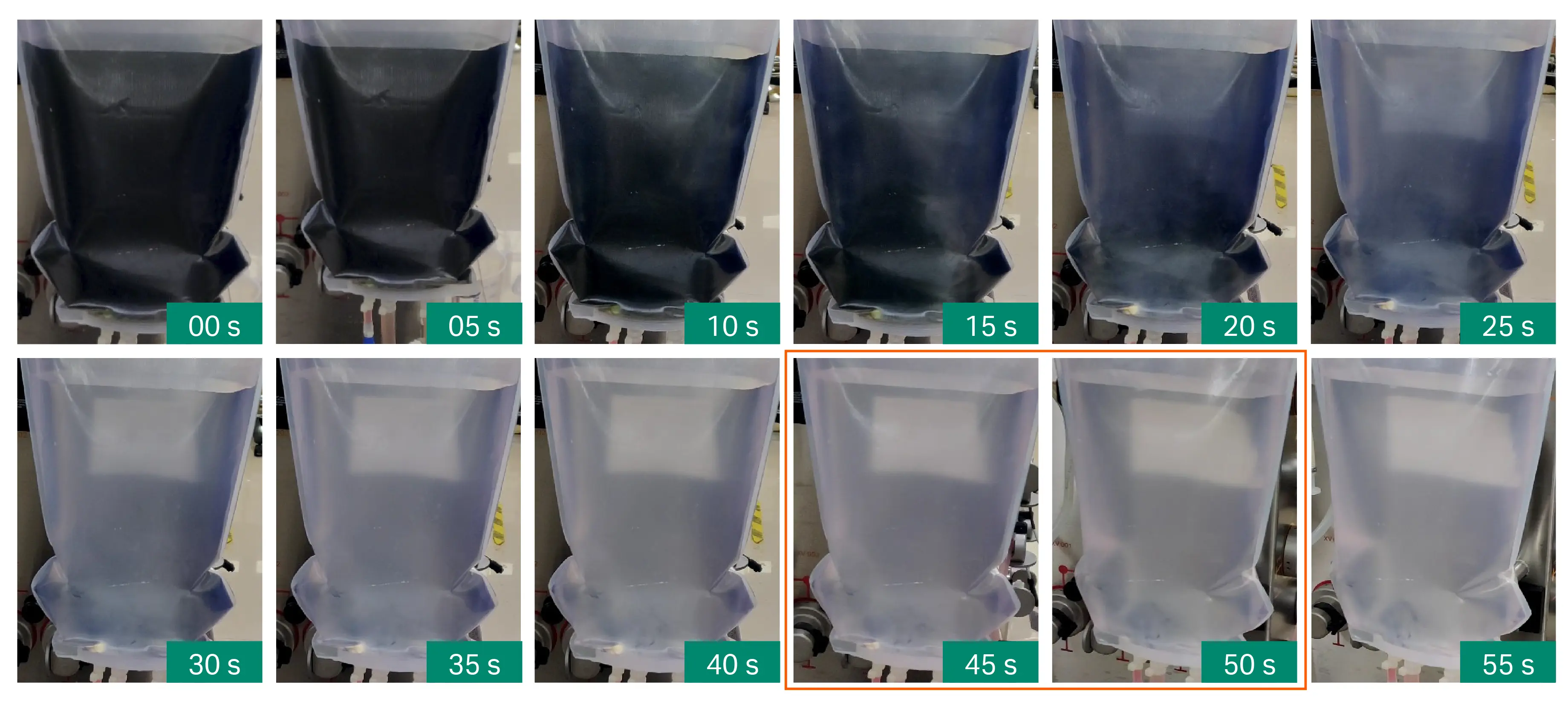 Snapshots of the mixing time experiment at 1 slpm 