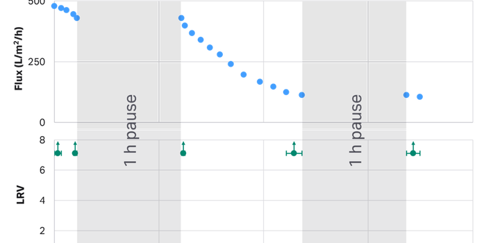 Pegasus™ Prime virus filter pressure interruption study showing no impact on retention of two 1 h pauses. All filters had PP7 TR > 7.4 log at the end of the challenge