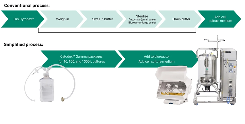 Schematic image comparing the preparation steps for Cytodex™ 3 and Cytodex™ 3 Gamma microcarriers