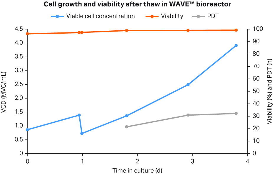 Cell growth, viability, and PDT for WAVE™ bioreactor seeded with HCD cryobag.