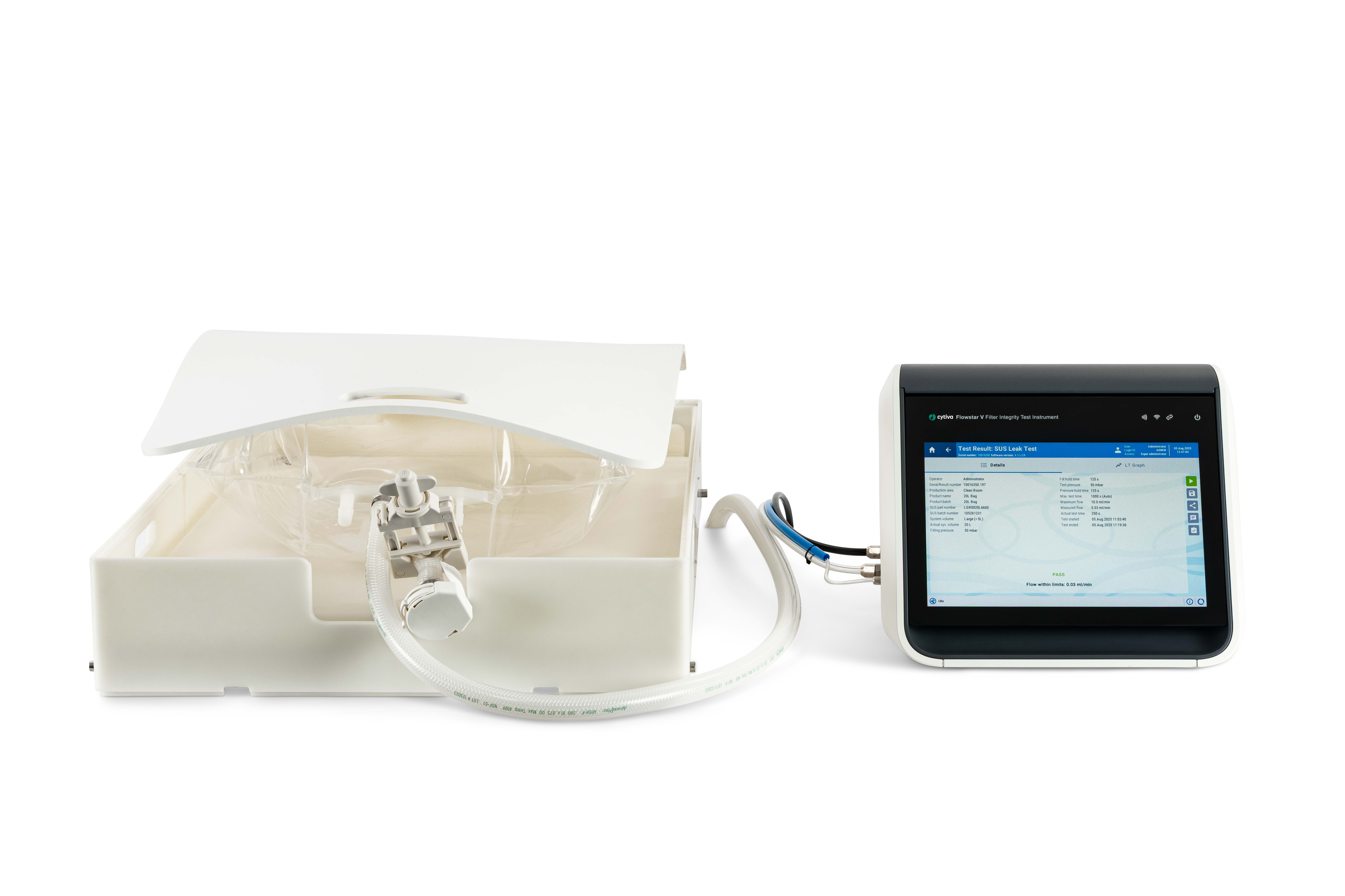2D single-use bag chamber connected to Flowstar V LGR system with air evacuation device for assisted deflation