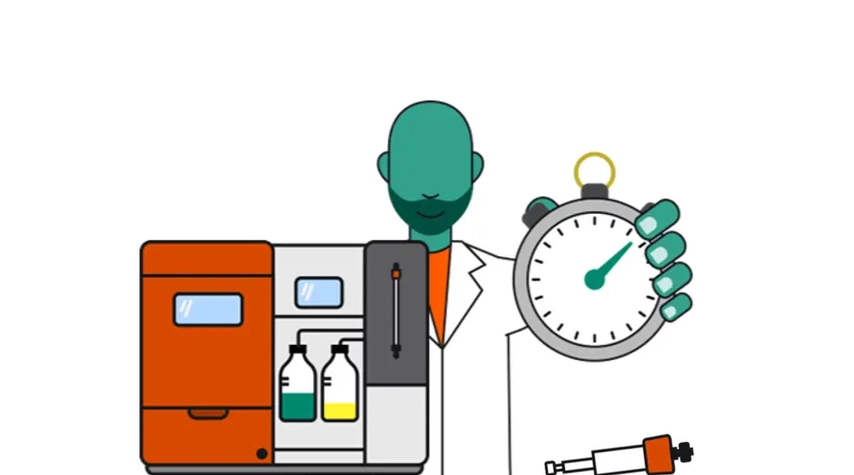 Scientist holding a clock, with an AKTA avant system and a HiTrap column