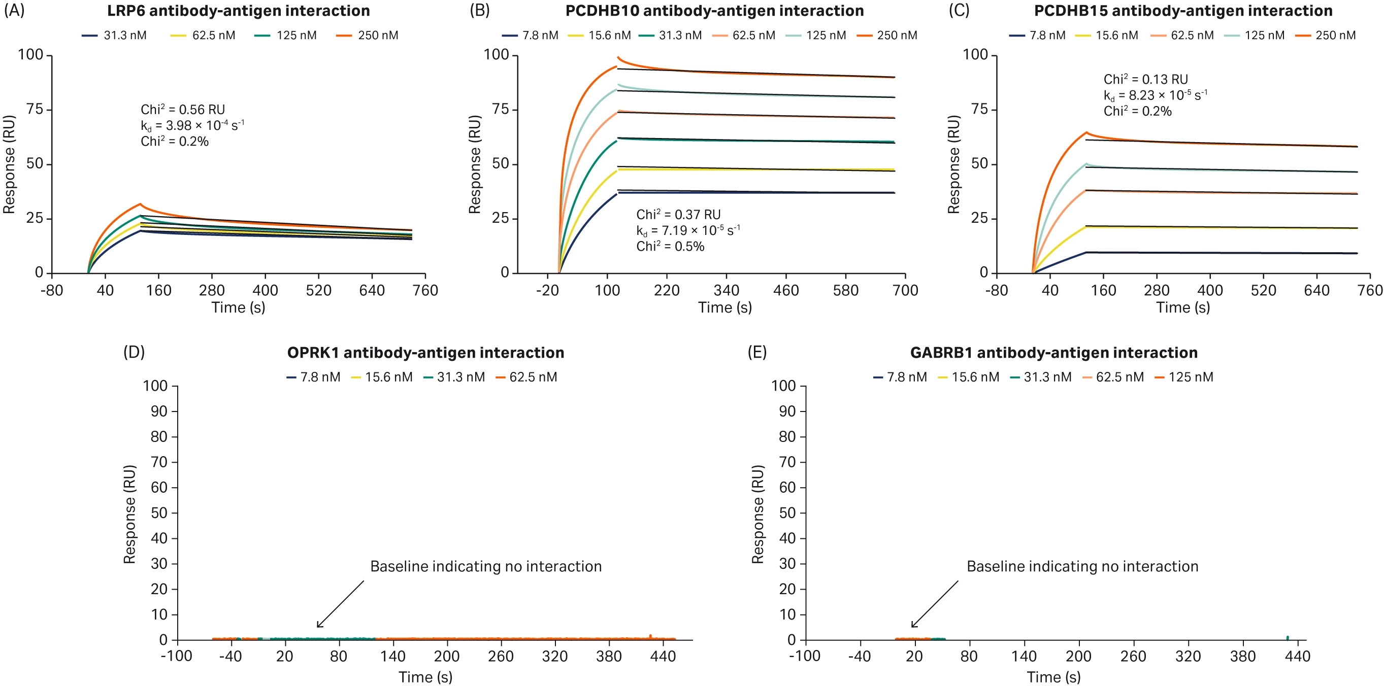 multi‑panel spr sensorgram set showing binding interactions for antibodies across various antigens, ranging from strong binding to no detectable interaction.