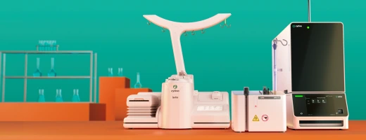 CAD rendering of a Sefia cell therapy manufacturing platform on a lab bench