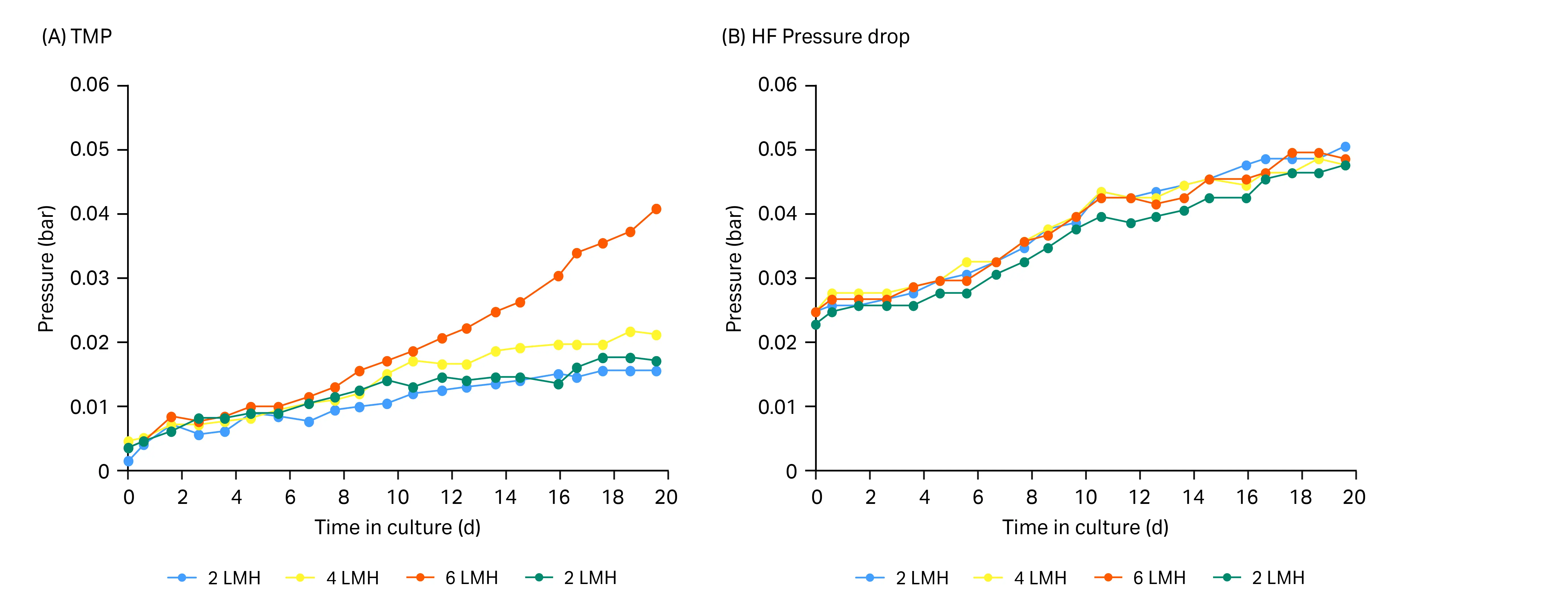 Graphs showing transmembrane pressure and pressure drop for the duration of the cell culture.