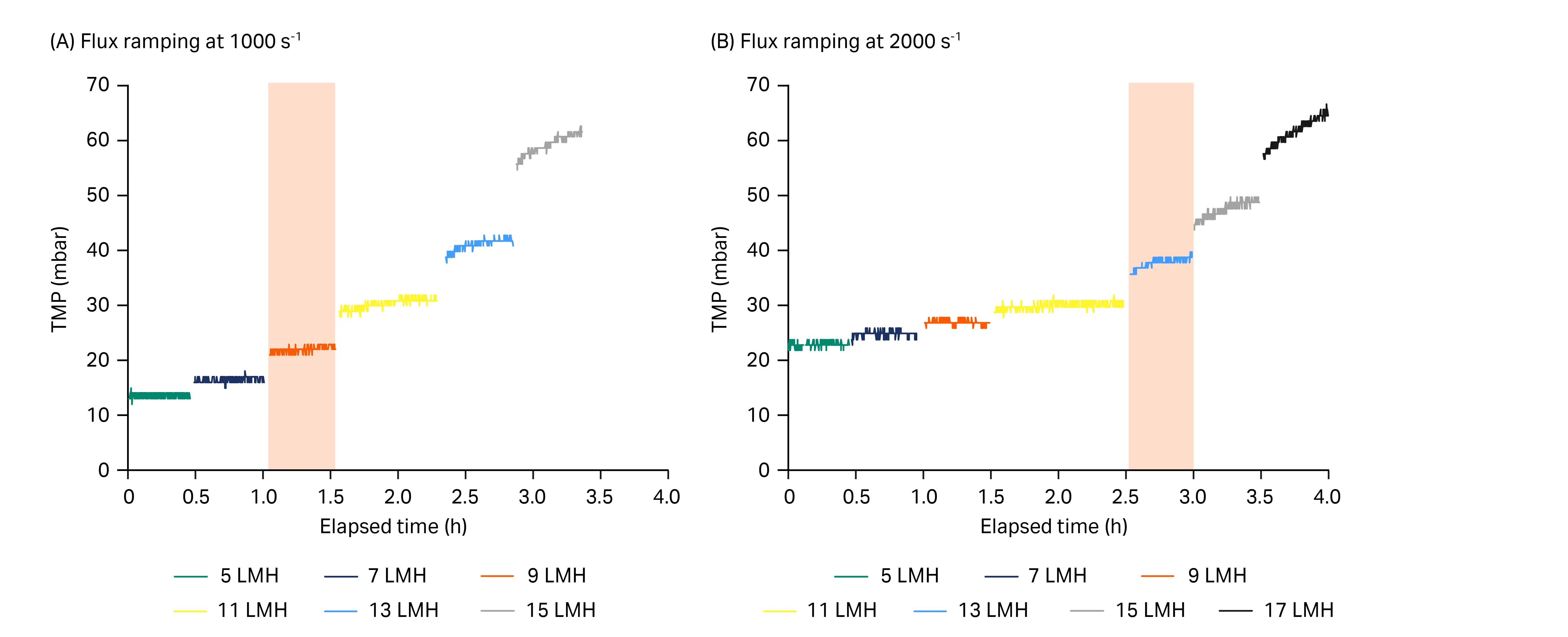 Graphs showing critical flux tests at two different shear rates.