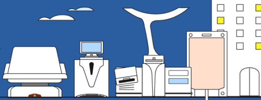 Illustrations of Sefia cell therapy manufacturing system next to a digital device and a building