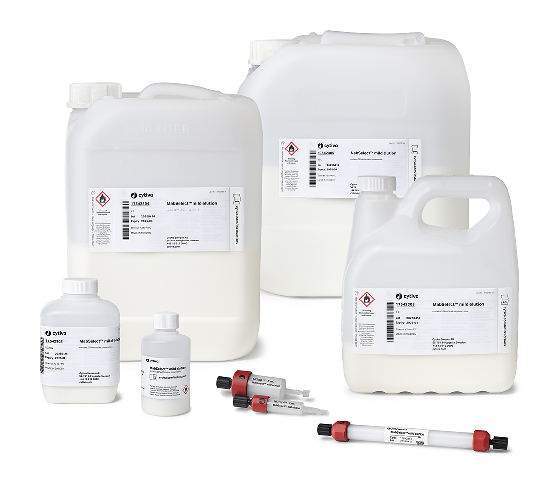 Image of Cytiva's MabSelect™ mild elution protein A resin, different formats