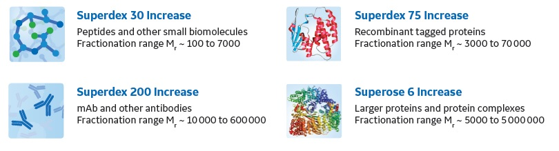 Fractionation ranges and some typical application areas for Superdex Increase and Superose Increase resins