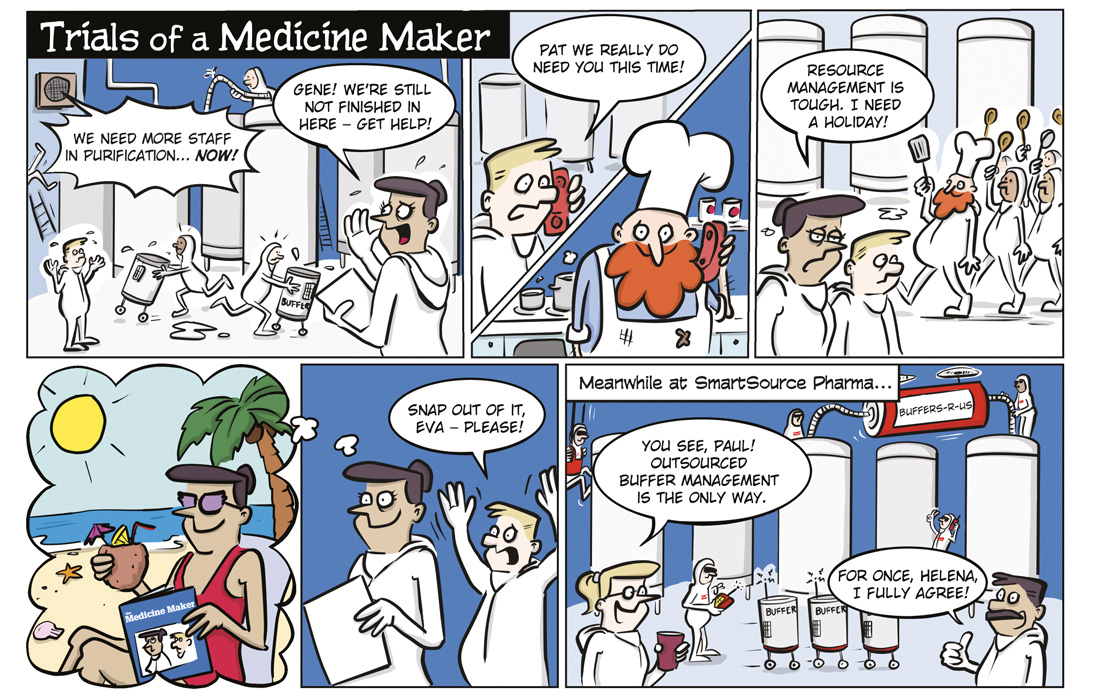 Bioprocessing cartoon on buffer management in large-scale bioprocessing