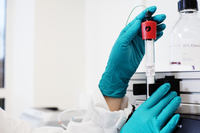 A close-up photo of two gloved hands in a lab environment holding a Superdex™ 75 Increase SEC column that’s connected to a chromatography system. 