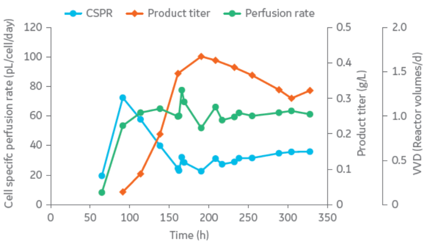 Cell-specific perfusion rate and other results for perfusion culture with XDR-10 stirred-tank bioreactor and ATF cell retention.