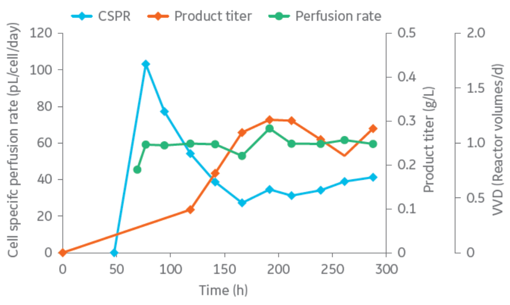 Cell-specific perfusion rate and other results for perfusion culture with XDR-10 stirred-tank bioreactor and TFF cell retention.