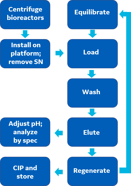 Process flow diagram for fiber-based purification of monoclonal antibody supernatants from 48 micro bioreactors.