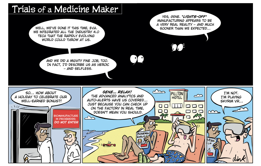Bioprocessing cartoon on automation and digital solutions for the biopharma industry