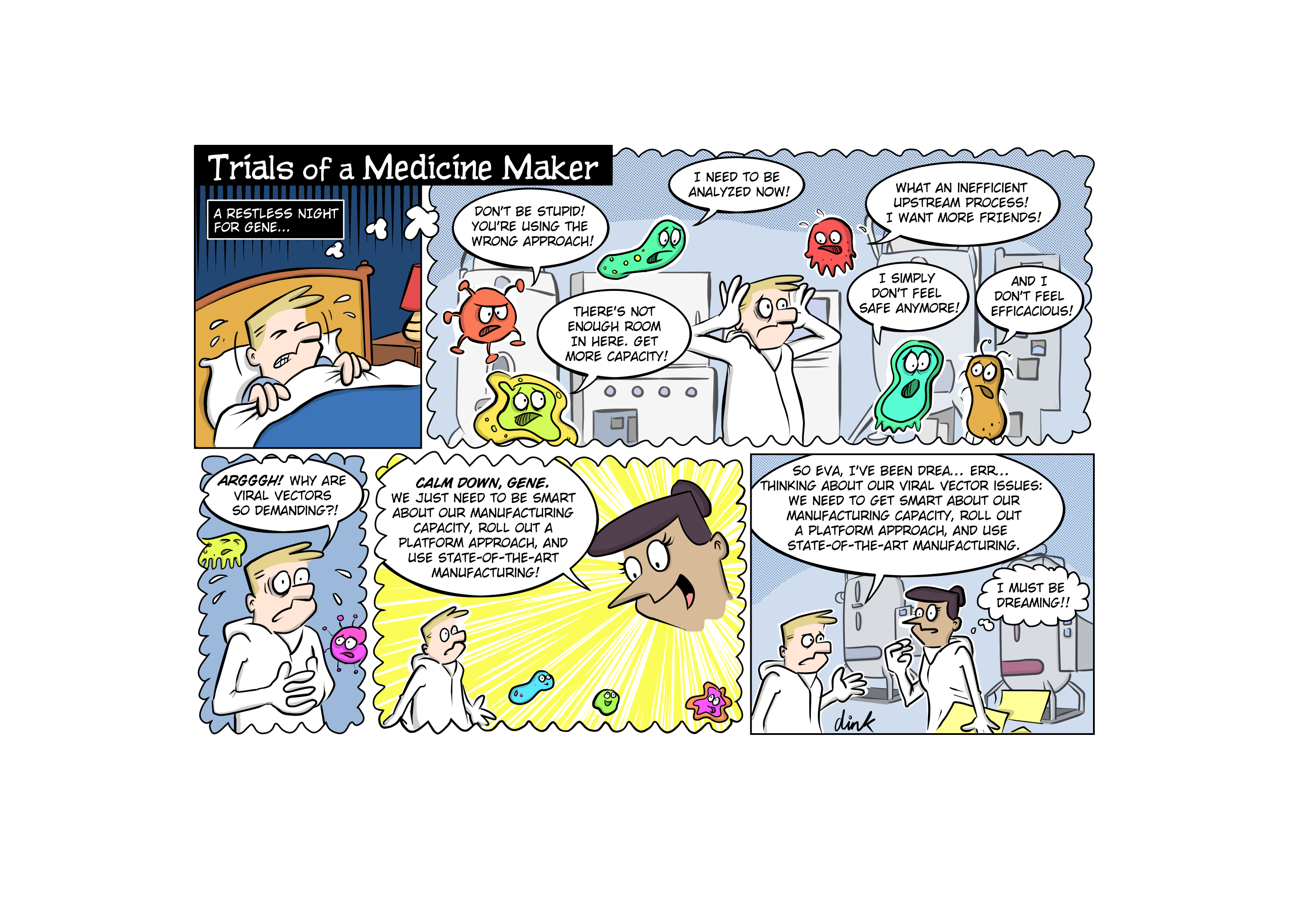 Bioprocessing cartoon on viral vectors for gene therapy and biopharma