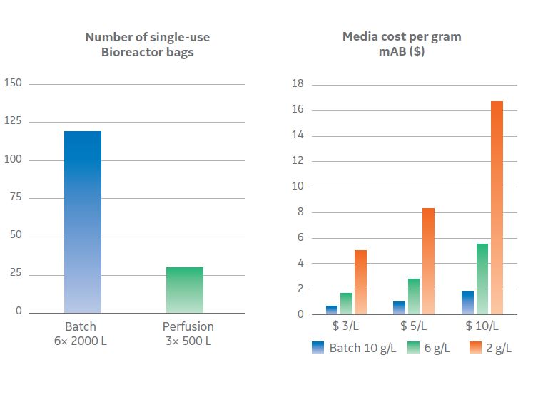 number of single-use bioreactor bags used in Batch and prfusion as well as the cost of media for each application. 
