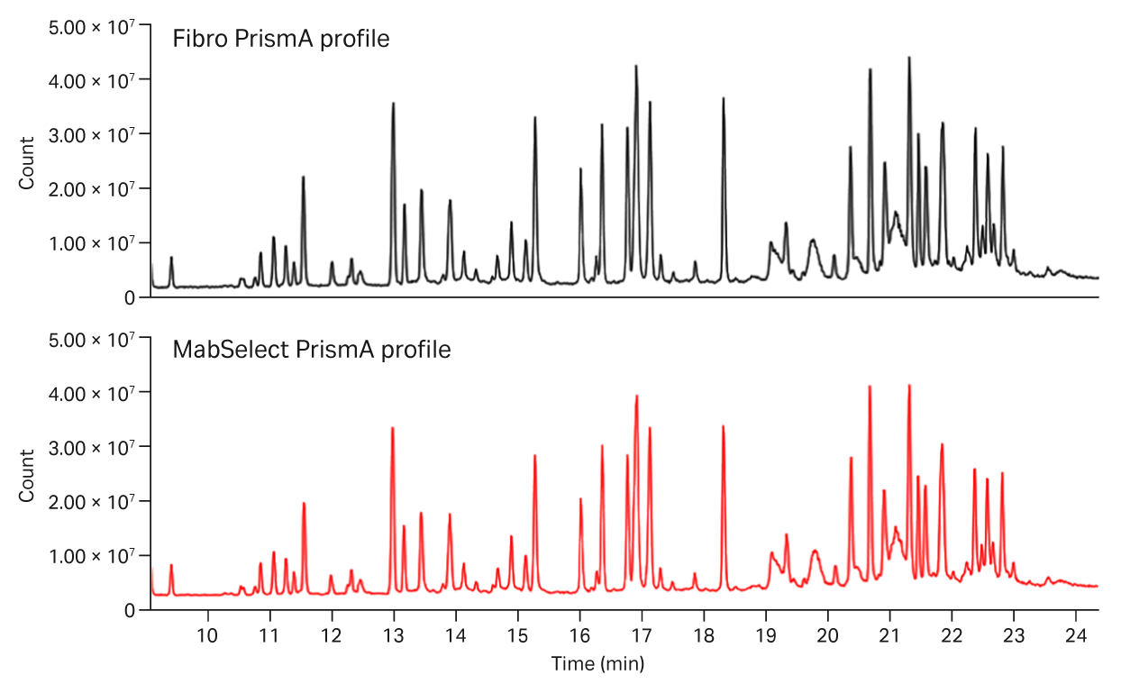 Abundance of monomer, aggregates, and fragments over the fed-batch culture process for mAb8 after capture with a HiTrap Fibro PrismA unit or a HiTrap MabSelect PrismA column.