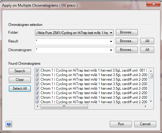 Apply on multiple chromatograms window in UNICORN Evaluation Classic
