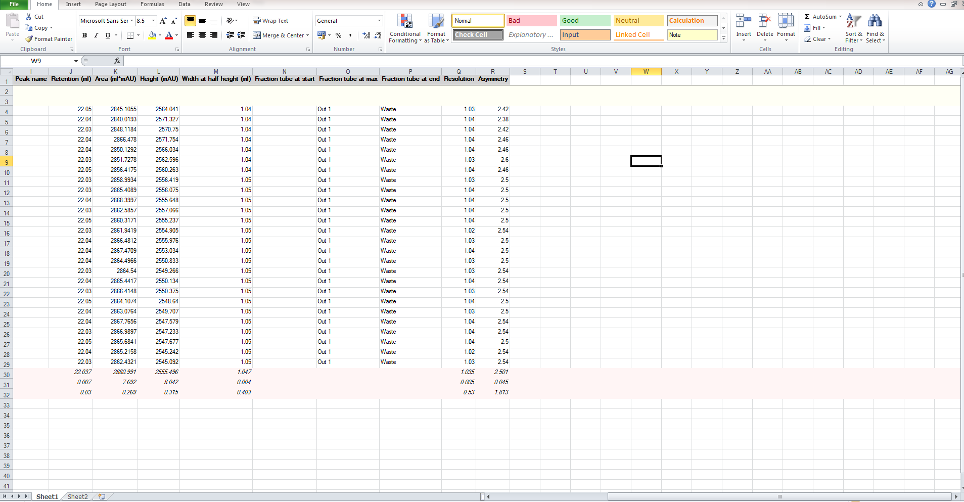 Exporting multipeak comparison data from 25 Fibro chromatography runs