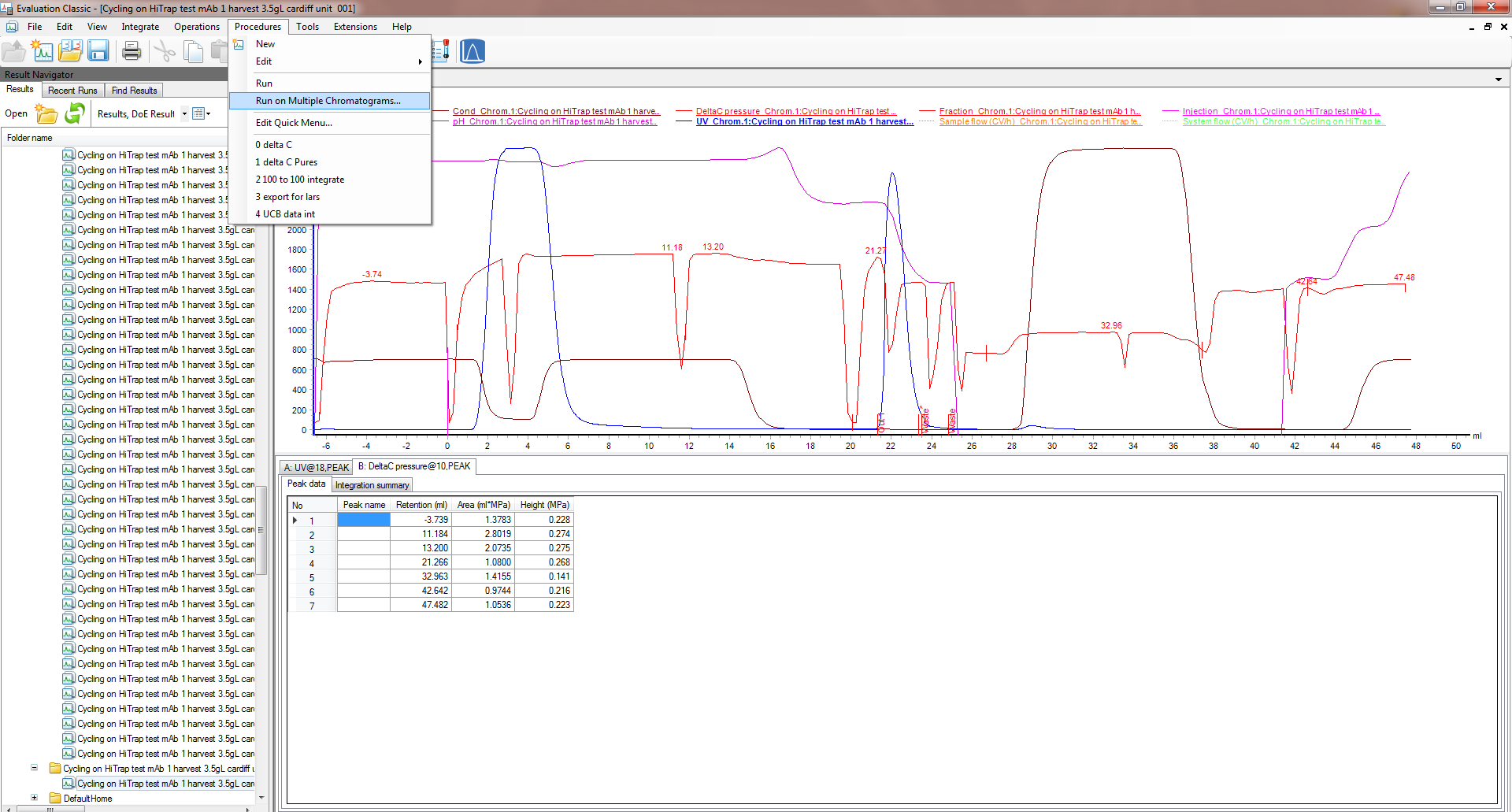 Selecting run on multiple chromatograms in UNICORN Evaluation Classic
