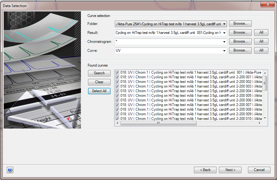 Selecting UV curves for multipeak comparison in UNICORN software