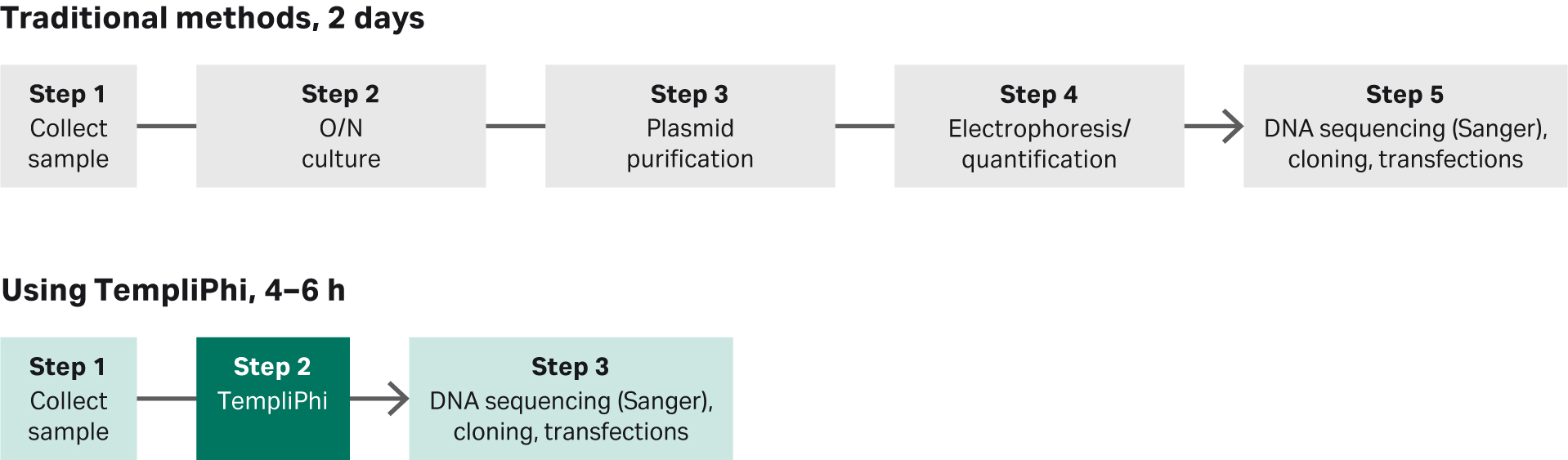 Schematic comparing traditional sequencing template preparation versus TempliPhi DNA amplification 