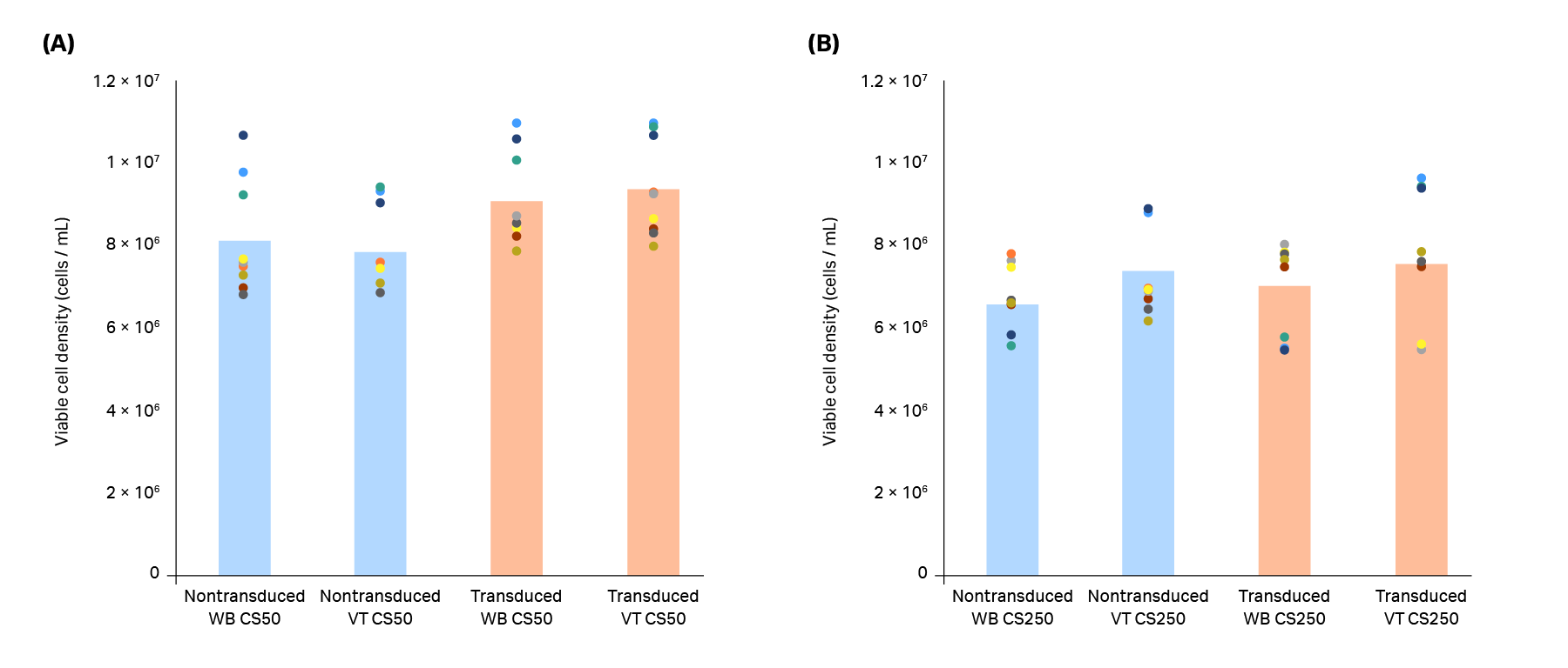 Viable cell density of T cells in (A) CS50 and (B) CS250 cryobags thawed using a water bath (WB) or VIA Thaw™ (VT) unit.