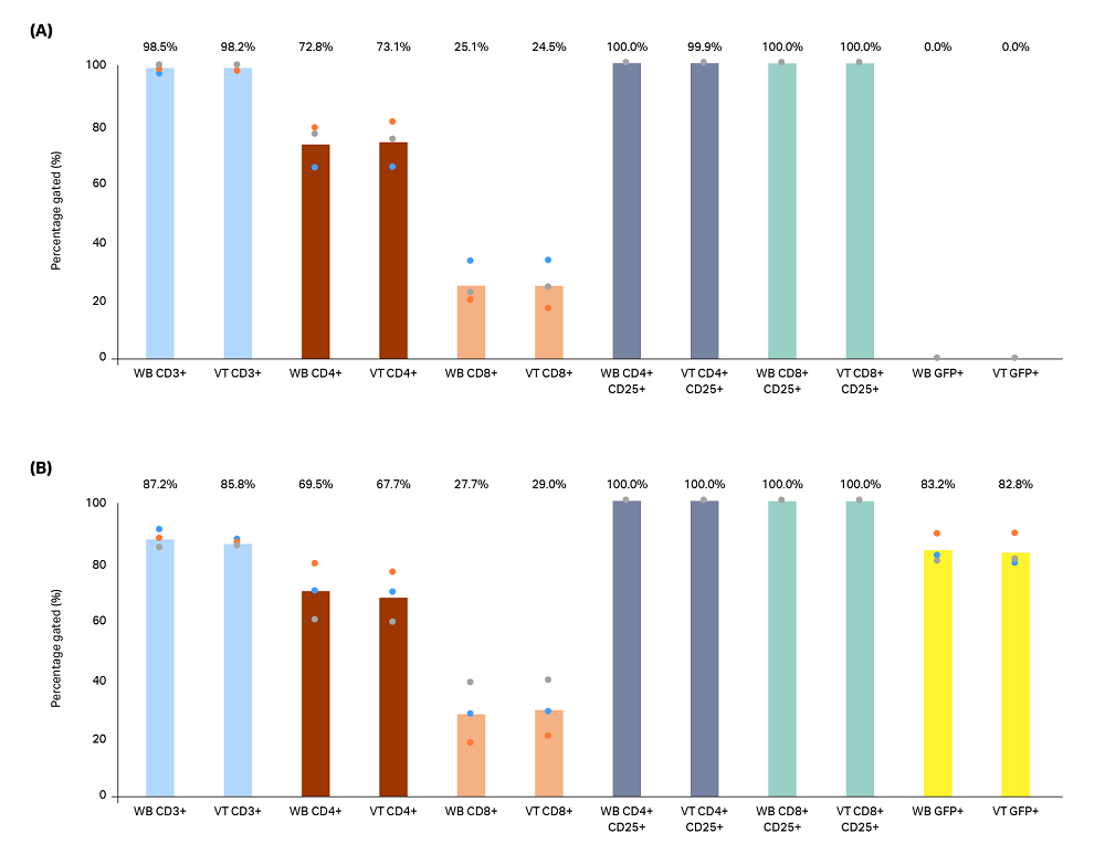 Flow cytometry was performed for phenotypic analysis on pooled triplicate cultures of (A) nontransduced and (B) GFP lentivirus-transduced (LV) T cells that had been reactivated and cultured for 6 d in 6-well plates.