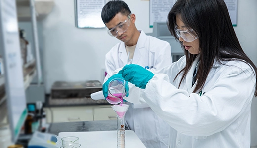 Two scientists in lab filtering pink liquid into tube column