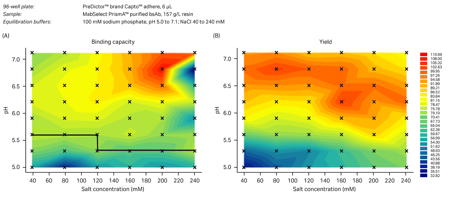 Binding capacity of a bispecific antibody and yield of host cell proteins in PreDictor Capto adhere 96-well plates.