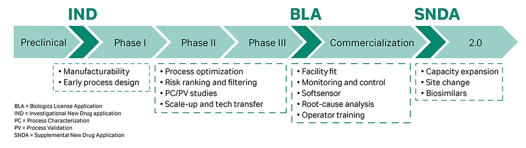 Areas of application for in silico downstream simulation throughout the bioprocessing life cycle.