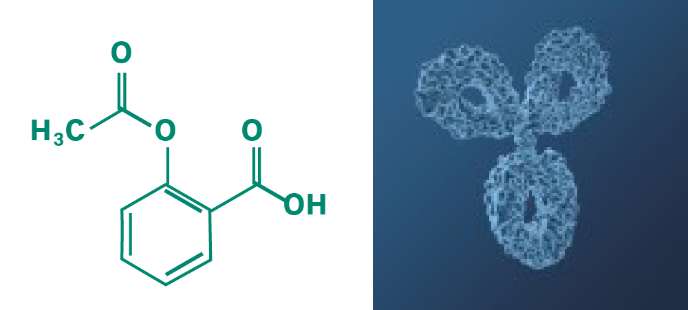 Size of pharmaceuticals: A typical chemical molecule (acetylsalicylic acid) is composed of 21 atoms; an antibody is composed of more than 25,000 atoms