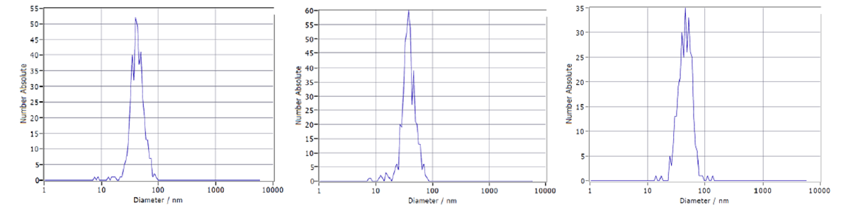 Nanoparticle tracking analysis of feed (left), first elution peak (center), and second elution peak (right) showing two VLP variants.