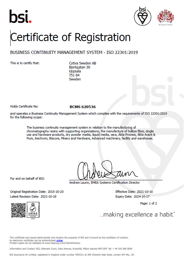 Cytiva's BCM certificate