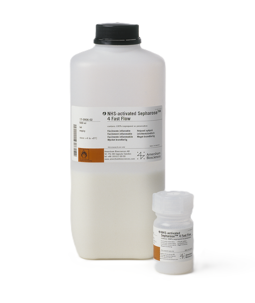 NHS-Activated Sepharose 4 Fast Flow resin bottles from Cytiva used for high-capacity protein immobilization.