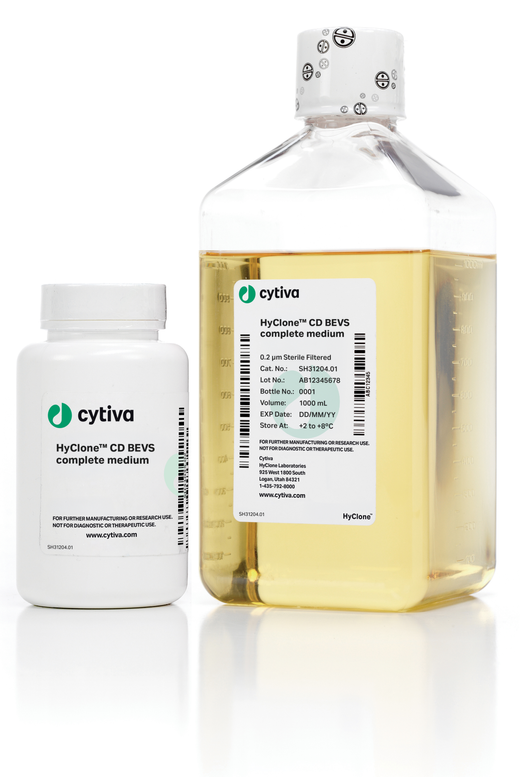 Bottle of HyClone CD BEVS Complete Medium, a chemically defined, serum-free and animal-derived component-free insect cell culture medium for BEVS production