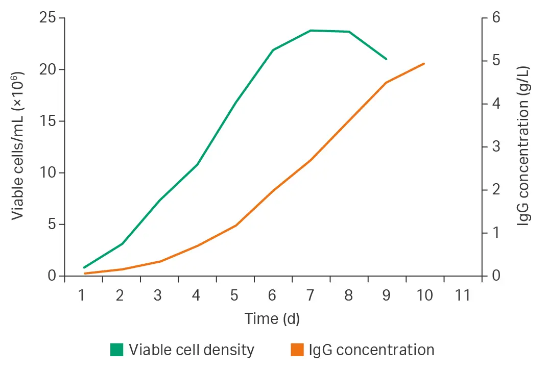 DG44 cell growth and productivity in 50 L ActiPro™ bioreactor cultures
