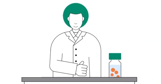 Illustration scientist with thumb up and sample