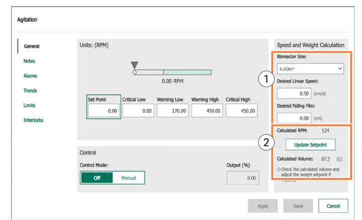 Agitation speed calculator, in the iCELLis™ 50 mPath Link software