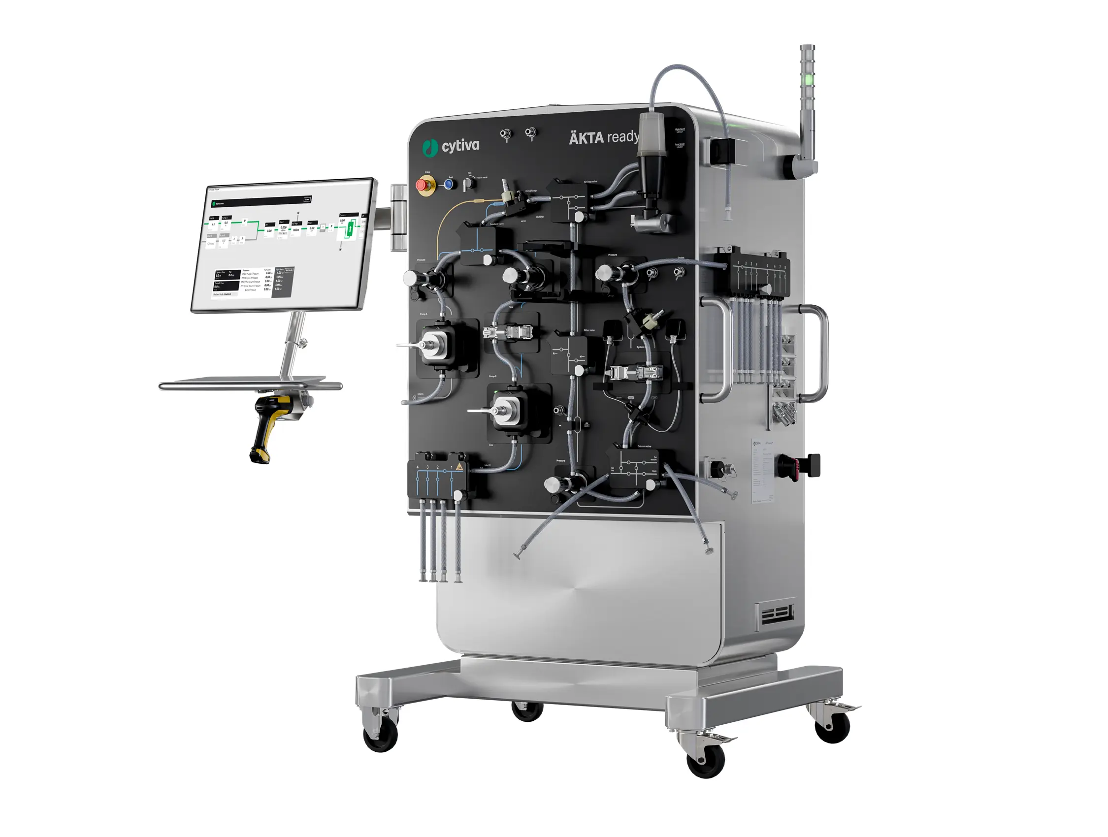 AKTA ready SCS side view showing a flow kit installed and  screen with process picture view from UNICORN control software 
