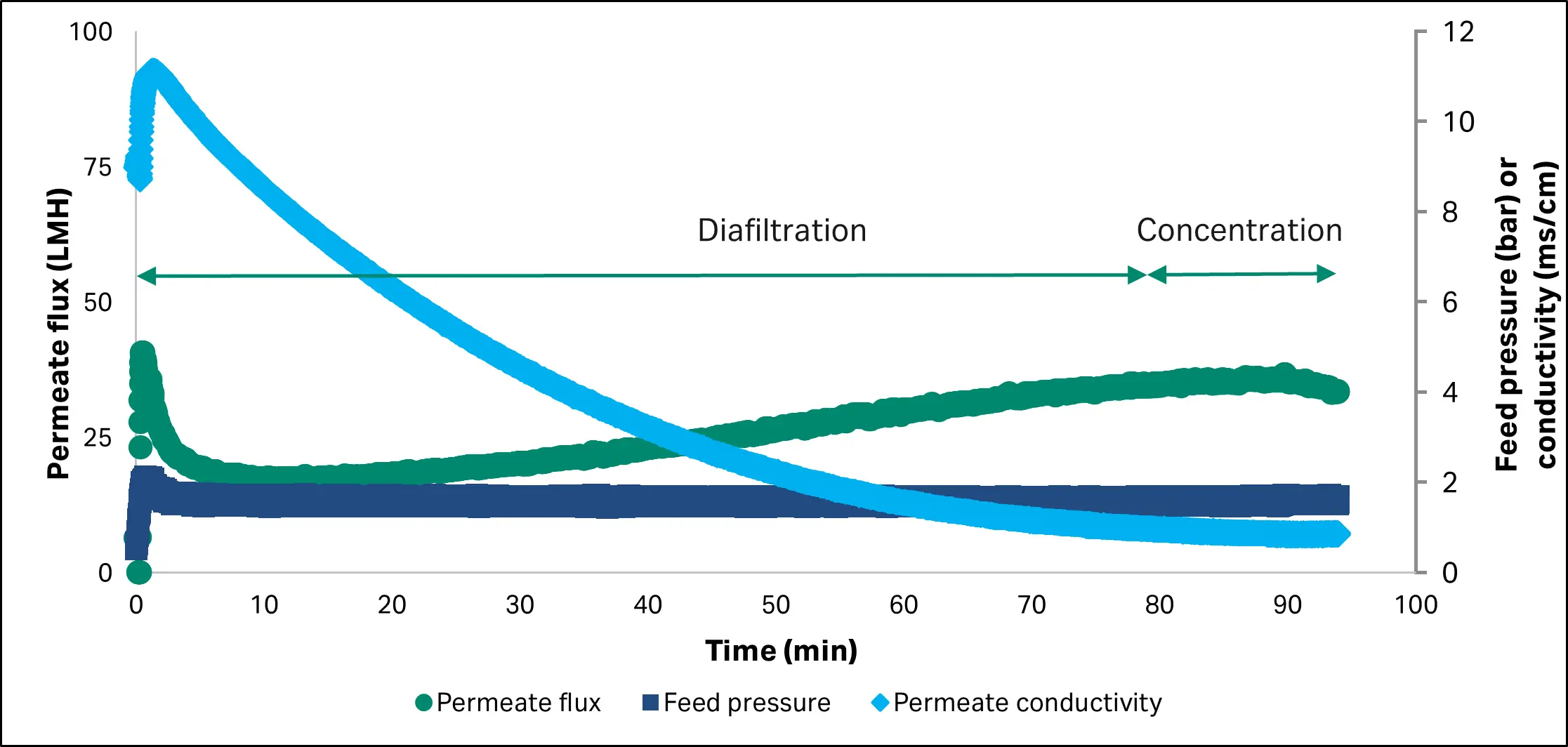Permeate flux and TMP over time for linearized pDNA product